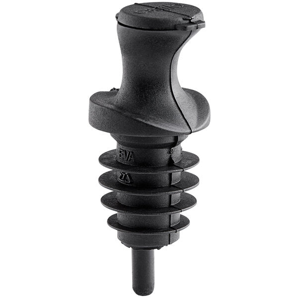 Black easy-pour spout with a closed flip-top lid, designed to fit both size bottles for controlled pouring.